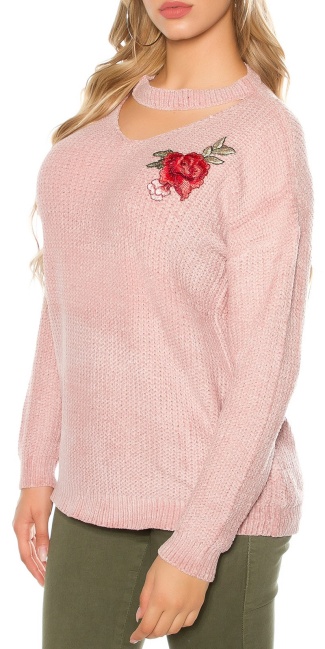 Trendy gebreide sweater-trui met bloemen-print borduurwerk antiekroze
